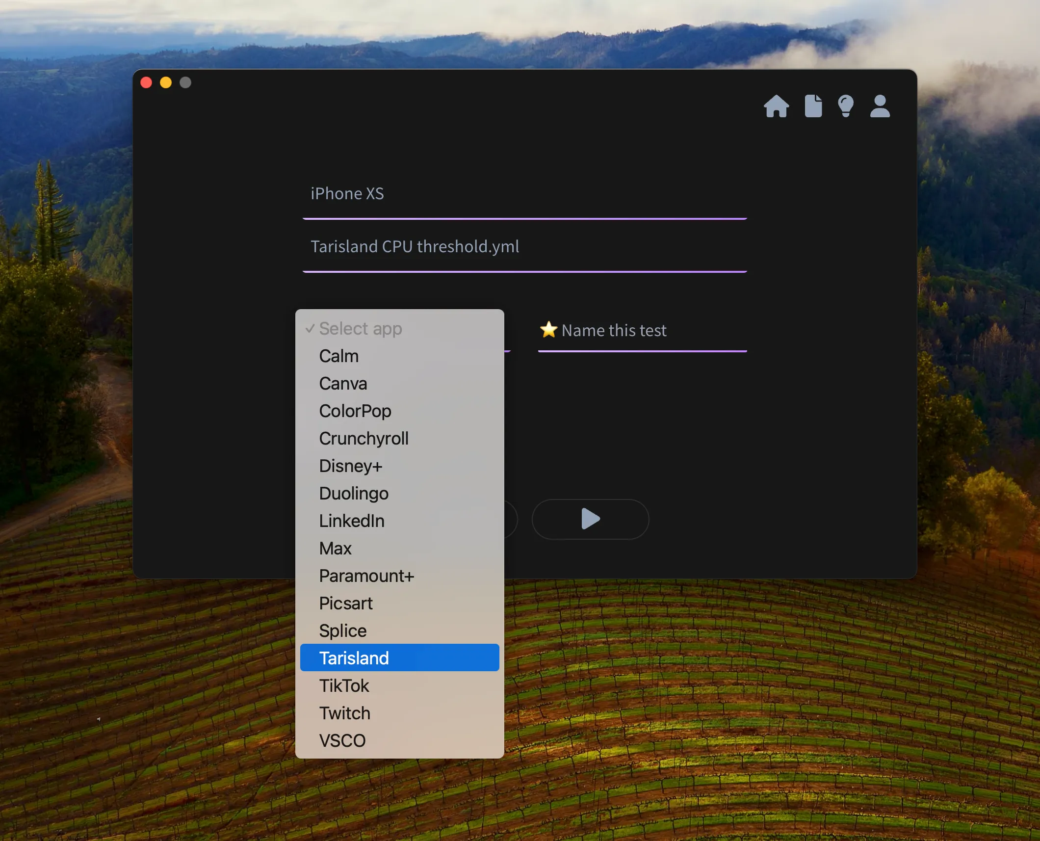 Apptim Desktop - Selecting application