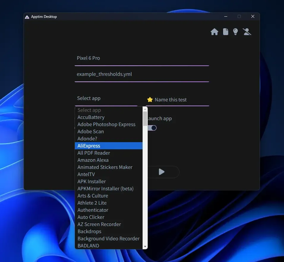 Apptim Desktop - Selecting application